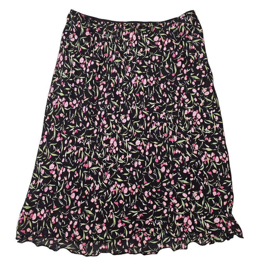 Mandy Evans Vintage Y2K Midi Floral Ruffle Hem Skirt Women Size XL Black, Green
